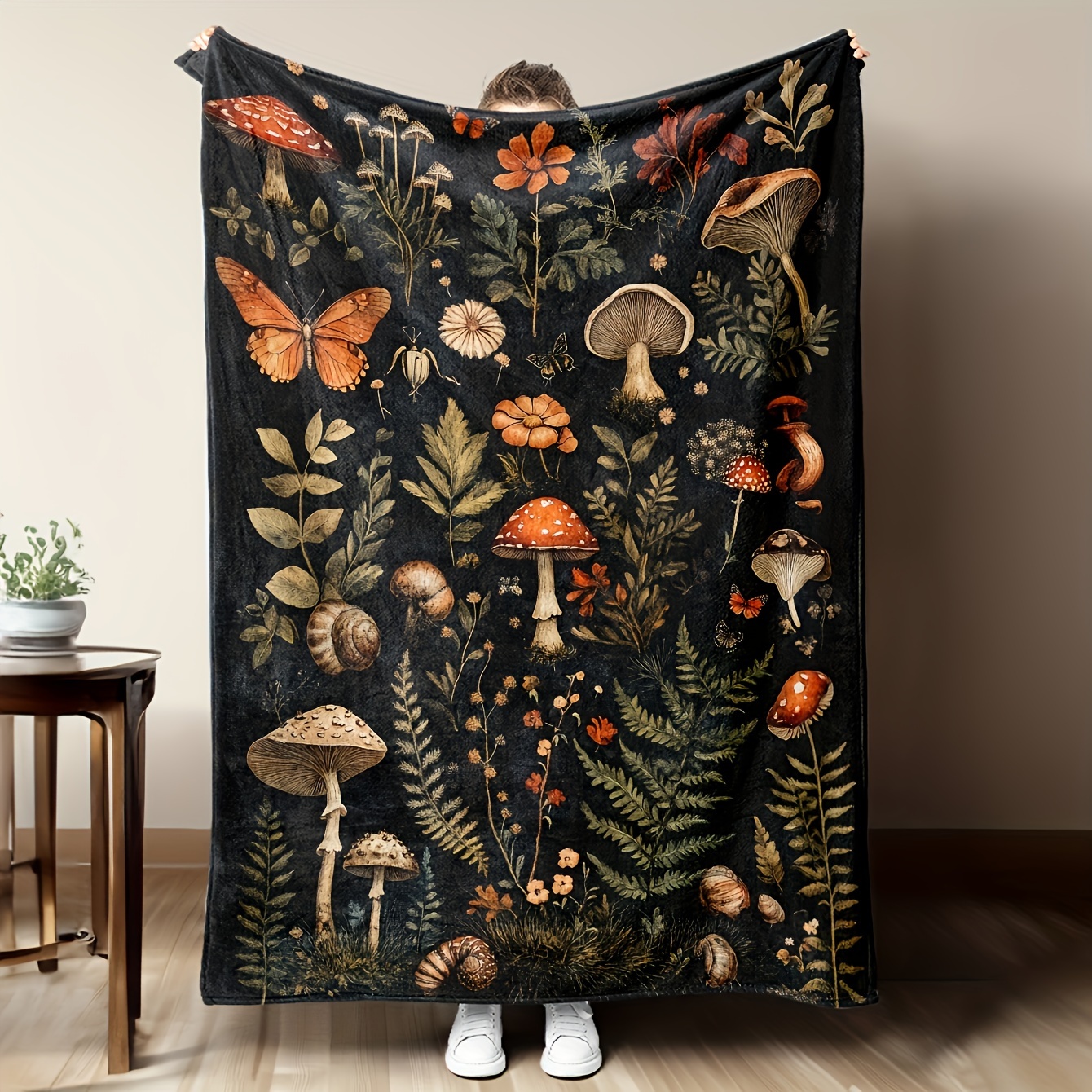 Christmas Throw Blanket - Vintage Mushroom & Floral Flannel Throw