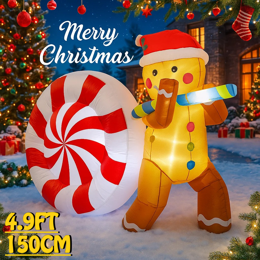 Christmas Lights Outdoor - 4.9FT Gingerbread Man Candy Inflatable Christmas